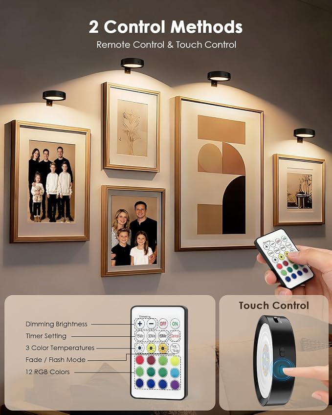 Picture Lights for Wall, Rechargeable Battery Magnetic Wall Lights with 3 Color Temps and 12 RGB, Picture Light with Remote, Dimmable and Timer, Decor Light for Painting/Frame/Art Display