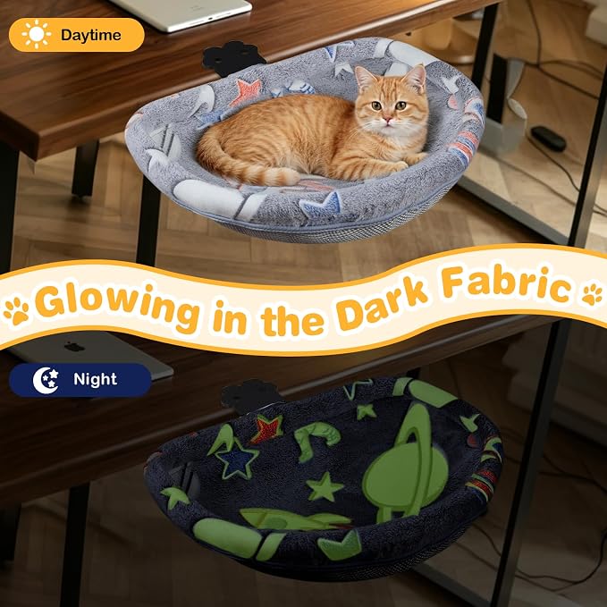 Cat Desk Bed, Adjustable Cat Desk Hammock, Cat Bed for Desk | Glow in The Dark, Removable Washable Cover, Sturdy Metal Frame, Desk Cat Bed, Cat Desk Perch, Supports up to 50 Lbs