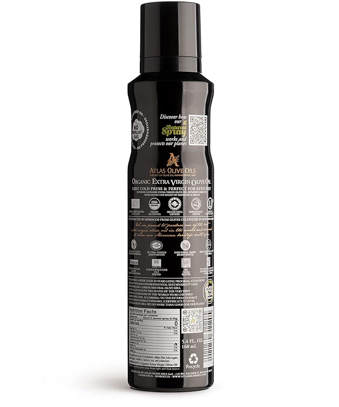 Olive Oil Spray by Atlas, Dual Function Olive Oil Cooking Spray and Stream, 5.4 fl oz, Extra Virgin, Non Stick, Cold Pressed, Polyphenol Rich, Organic Moroccan EVOO, Hydroxytyrosol, Keto