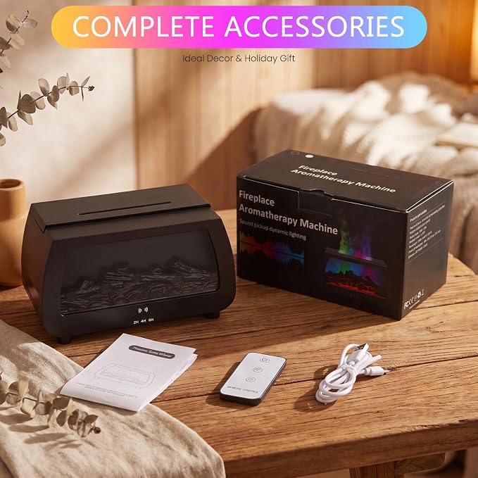 Flame Effect Humidifier, Fireplace Diffuser with Remote & Timer | 200ml quiet humidifier with RGB flame lights & sound pickup. Creates cozy fireplace ambiance for home, bedroom, and office.