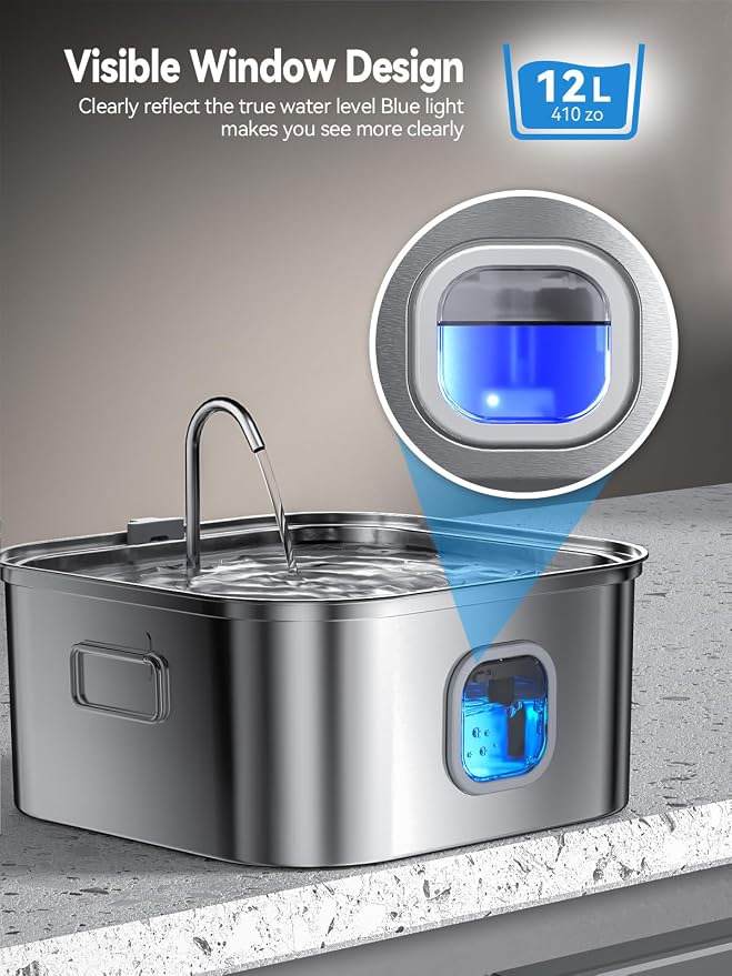 Dog Water Fountain Stainless Steel, 410oz/3.2Gal/12L Large Pet Water Fountain for Large Dog, Dog Water Bowl Dispenser with Water Level Window & LED Indicator, Super Quiet, with 2pcs Filters