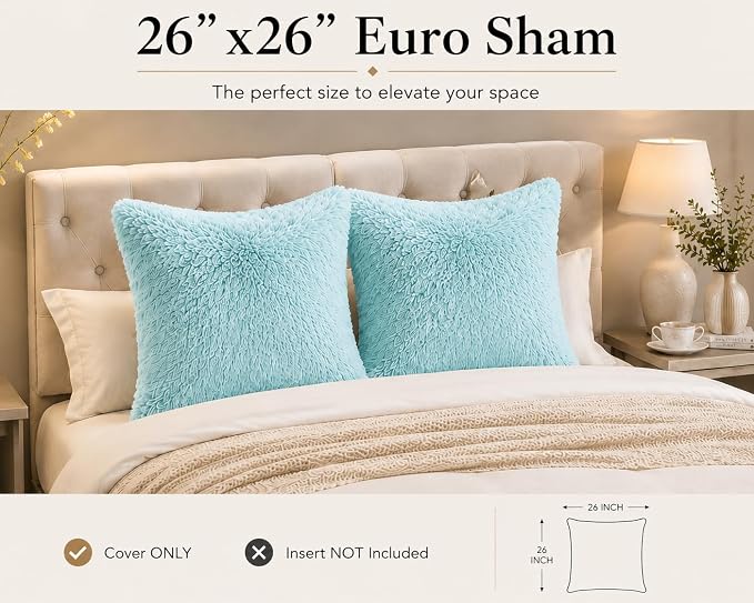 REAFORT Long Hair Faux Fur Euro Sham Cover 26"x26", Hidden Zipper(Aqua) | Ultra-soft plush faux fur with a hidden zipper adds luxurious comfort and is machine washable for easy care.