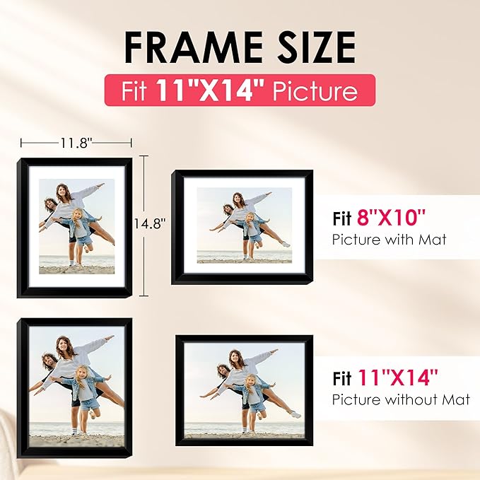 11x14 Picture Frame, Black Photo Frame with HD Plexiglass, Display Pictures 8x10 with Mat or 11x14 Without Mat, Picture Frames Collage for Wall Display, 2 Pack