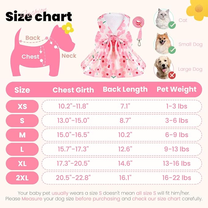ABRRLO Cute Dog Dress Small Dog Clothes For Girls Female Puppy Outfit Pink Floral Pet Summer Clothes Bowknot Doggy Cat Princess Dress Harness Set for Holiday Birthday Party Costume Clothing (Pink,XXL)