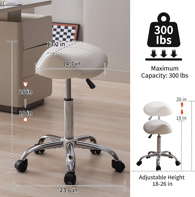 FIRAVOE Saddle Stool, Swivel Saddle Stool with Wheels, Adjustable Rolling Stool 18"-26", Faux Leather Rolling Stool for Salon, Massage, Clinic, Lab, Office, White, 1PCS