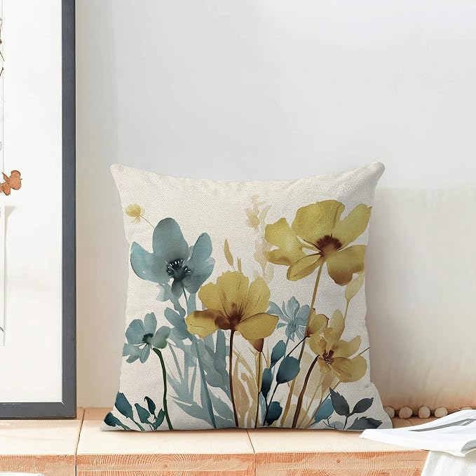 Spring Floral Pillow Covers 16x16 Inch Set of 2 Blue Yellow Floral Throw Pillow Cover Outdoor Modern Summer Flower Decoration Pillowcase Farmhouse Decorative Linen Cushion Cover for Home Sofa