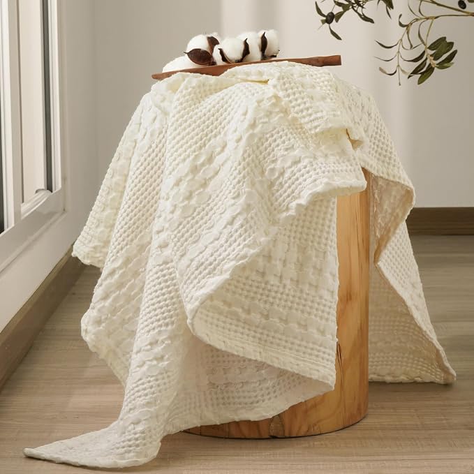 PHF 100% Cotton Waffle Weave Throw Blanket, Lightweight Breathable Summer Blanket for Couch Sofa, Pre-Washed Soft Throws for Bed, Office, Travel & Stylish Home Decor, 50"x60", Cannoli Cream