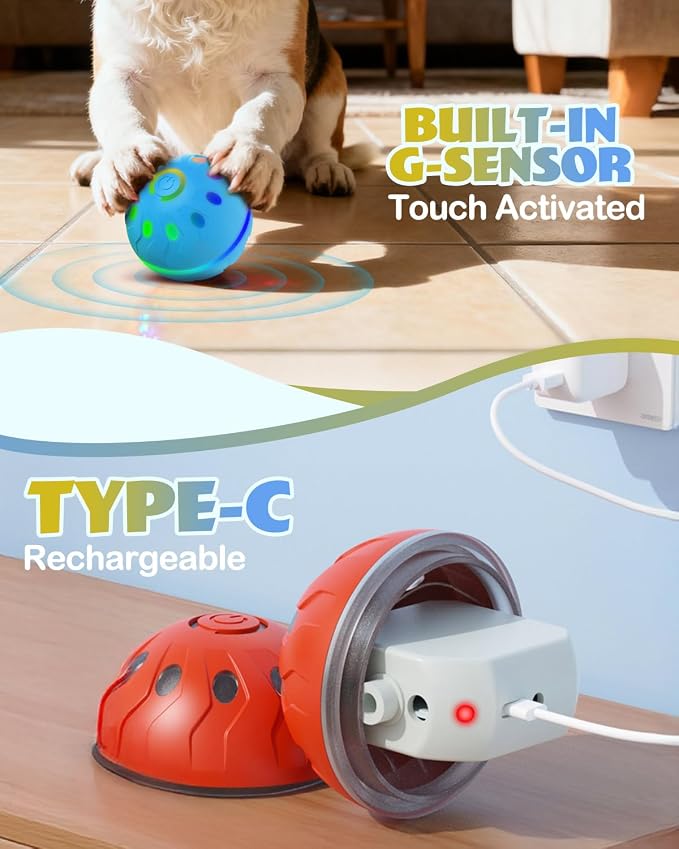 Zoomsnail Interactive Dog Toys, BPA-Free Rechargeable Automatic Dog Balls with Lights, Waterproof & 2 Modes Balls for Small/Medium Dogs, Perfect for Play and as a Pet Gift, 2 Pack