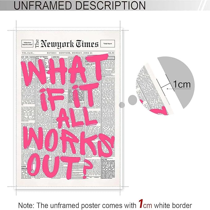 Drimiler Retro Newspaper Pink Font Poster What If It All Works Out Canvas Wall Art Positive Affirming Quote Minimalist Prints Painting For Home Bedroom Dorm Wall Decor 12x18in Unframed