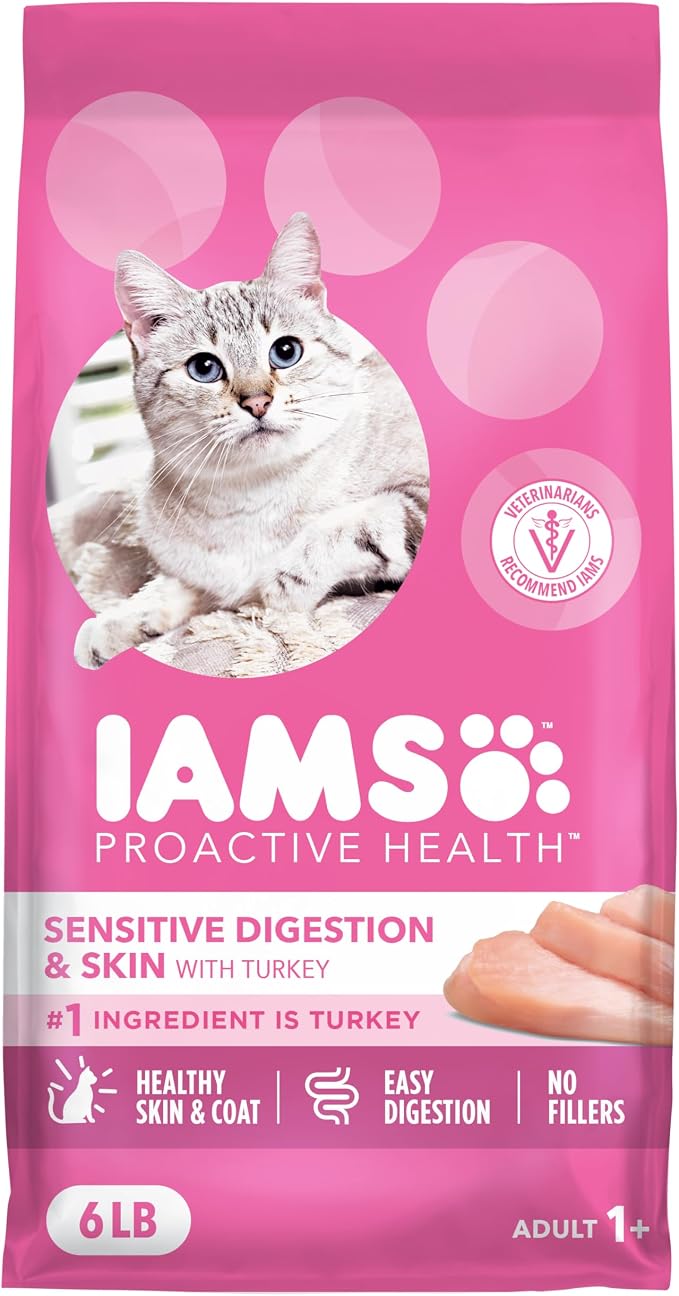 IAMS Proactive Health Sensitive Digestion Dry Cat Food, Turkey, 6 lb | Veterinarian-recommended, Real turkey #1 ingredient, prebiotics & fiber blend, Omega 6 & 3 for coat shine