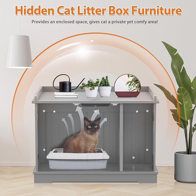 Pet Republic Hidden Cat Litter Box Enclosure - Cat Litter Box Furniture Table Nightstand (Grey)