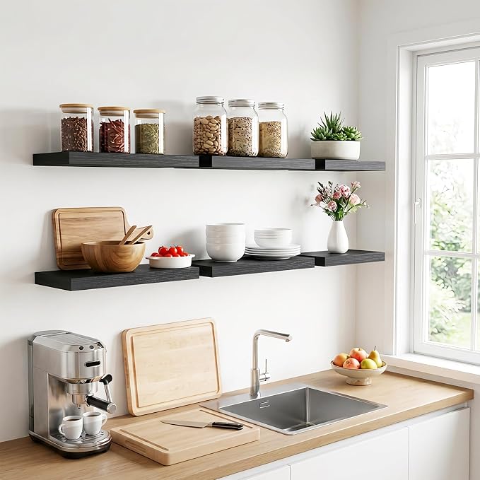 Fixwal Floating Wall Shelves for Decor (Black, Set of 6, 15.7 Inch) | MDF Shelves with Metal Brackets, Space Saving for Books, Decor, Works in Bathroom, Kitchen, Living Room, Bedroom