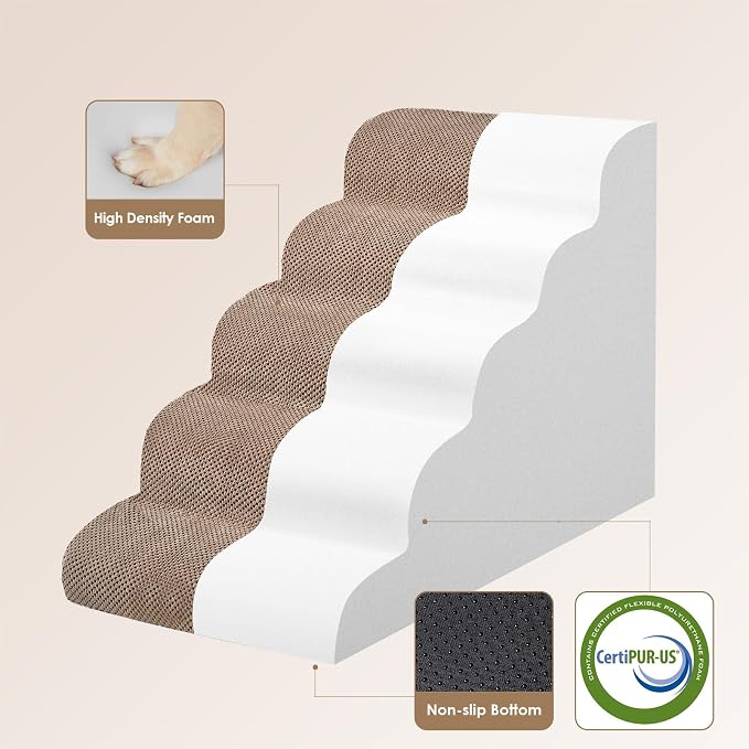 EHEYCIGA Curved Dog Stairs Ramp, 5-Step Extra Wide High Beds, Dog Steps | 33D density of pure foam, for Small Dogs and Cats, Pet Stairs for High Bed Climbing, Non-Slip Balanced Indoor, Camel