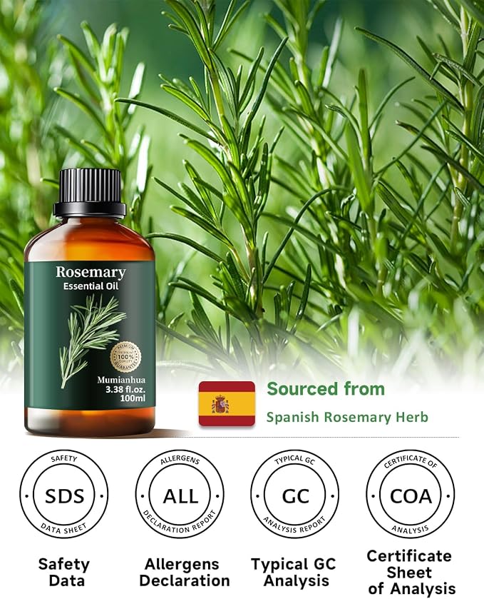 Rosemary Essential Oil, Herbal Scent, Diffuser, Hair & DIY, 3.38 Fl Oz | Mumianhua Rosemary Oil, Steam-Distilled. Herbal Aroma. For Scalp, Skin, Hair, Focus & DIY Cleaning. Dilute Before Use