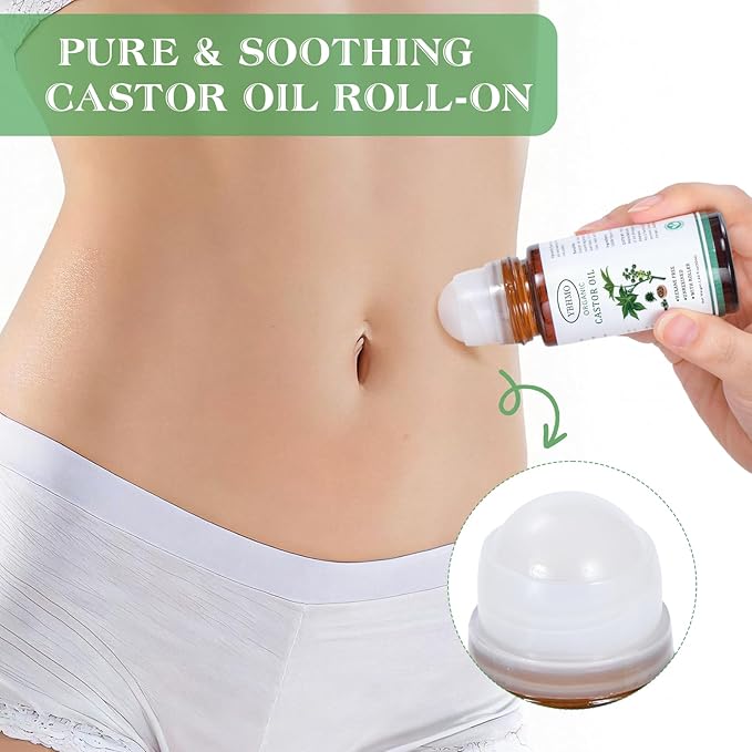Organic Castor Oil Roll-On Glass Bottle - Cold-Pressed Hexane-Free, Certified Pure Castor Oil for Skin Care and Hair Care - 1.69 fl.oz
