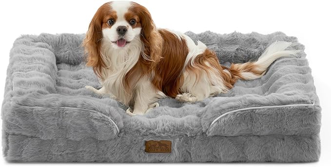 COZY KISS Faux Fur Orthopedic Dog Bed Washable for Large Dogs, L Sized | Soft Warm Pet Sofa with Sides or Bolster, Non-Slip and Big Dog Couch with Removable Waterproof Cover, 36x27 inch, Grey