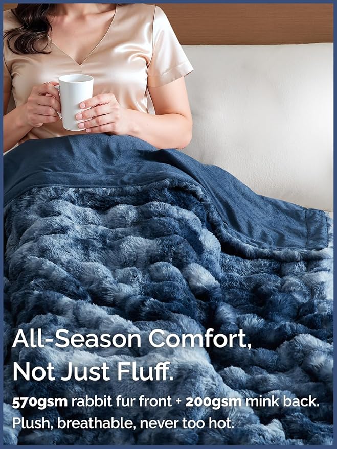 3D Fleece Bubble Blanket Queen - Rabbit Blanket - 90" x 90", Marble Blue | Soft Fluffy Faux Fur Blanket for Couch Sofa & Chair, Cozy Gifts for Women, Tie Dye Cloud Throw Bed Cover, Thick Plush Bedding