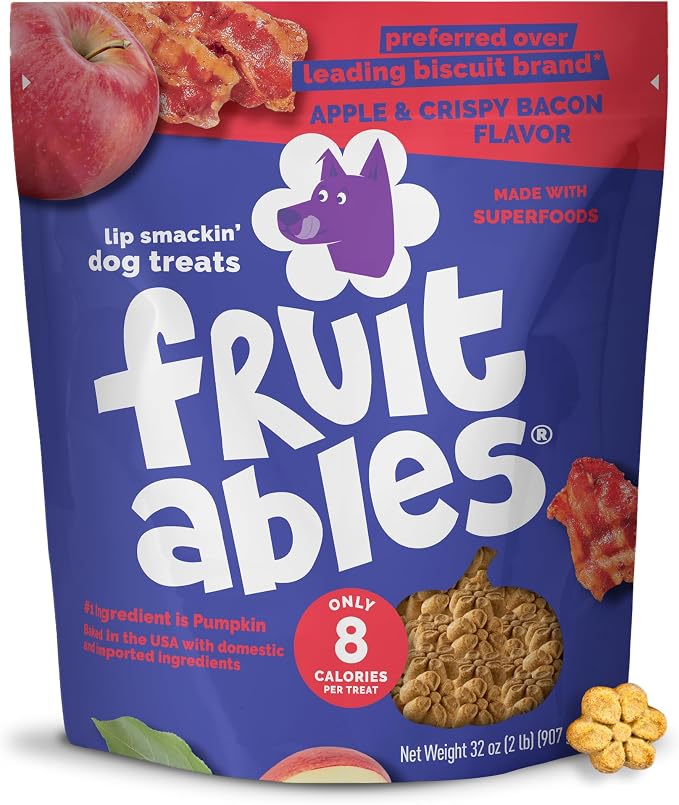 Fruitables Baked Dog Treats, Healthy Pumpkin Treat for Dogs, Low Calorie & Delicious, Made Without Wheat, Corn and Soy, Made in the USA, Allergy Friendly, Crispy Bacon and Apple Flavor, 32 oz