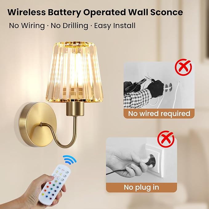 Wireless Sconces Wall Decor Set of 2 for Room Easy to Install | Rechargeable Battery Operated Light Bulbs 10000mAh Remote Control Timer Dimmable 15RGB Modern Gold Crystal Lampshade
