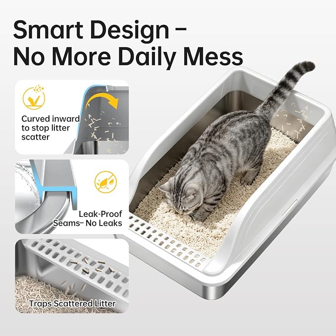 High-Sided Stainless Steel XL Cat Litter Box for Cats | High-sided design prevents urine leakage. Non-stick and easy to clean. Includes scoop (Gray)