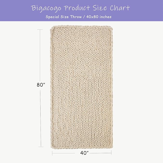Bigacogo Chunky Knit Throw Blanket for Couch, 40x80 inches, Beige | Hand Knit with Jumbo Chenille, Soft Breathable Cable Knit for Sofa Bed Living Room, Machine Washable, Gift for Mom Friend