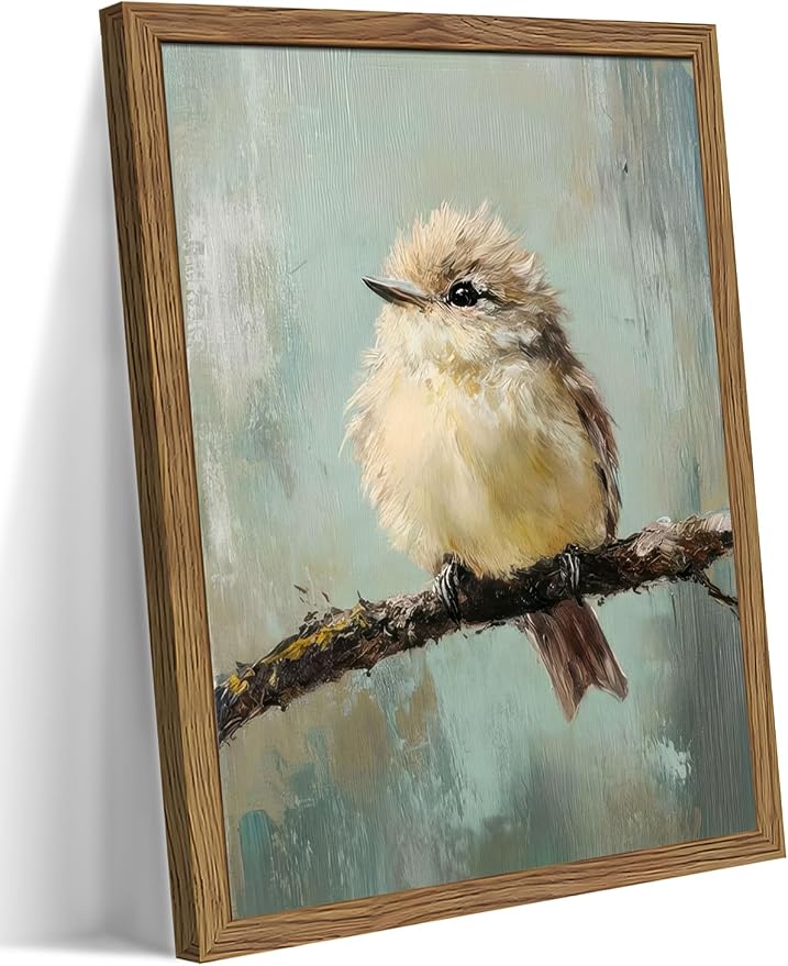 Vintage Framed Bird Wall Art, Rustic Sparrow on Branch Canvas Wall Decor Painting, Cute Bird Animal Artwork Poster Prints Pictures for Living Room Bedroom Bathroom 12x16 Inch