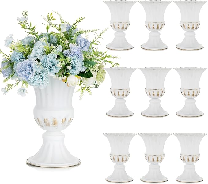 Sziqiqi White Metal Vase for Centerpiece, Table Flower Arrangements, 10Pcs | 9in Tall Compote Vase, Trumpet Urn Vase for Decoration, Planter Pot for Artificial Flower, For Reception, Home, Party Decor