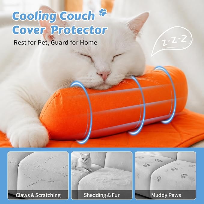 Cooling Dog Bed Mats with Neck & Head Support, 31.5 x 23.62 inch Orange | for Small and Medium Dogs & Cats, Non-Slip, Machine Washable, Protects Sofa from Fur & Scratches