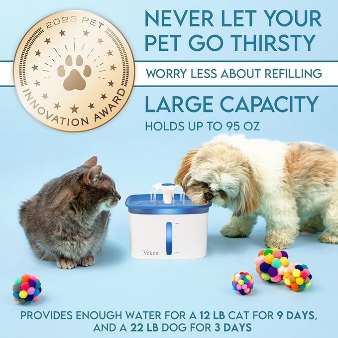 Veken Innovation Award Winner 95oz/2.8L Cat Water Fountain | Automatic Pet Fountain Dog Water Dispenser with 6 Replacement Filters & Silicone Mat for Cats, Dogs (Blue, Plastic)
