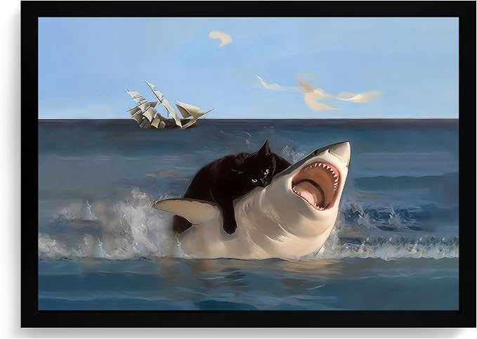 ICHZUMW Framed Funny Black Cat Biting Shark Ocean Canvas Wall Art 16x24 In | Quirky Cat Biting Shark Oil Painting, Humorous Bathroom Wall Decor, Bedroom Bar Man Cave Restroom Powder Room, Ready to Hang