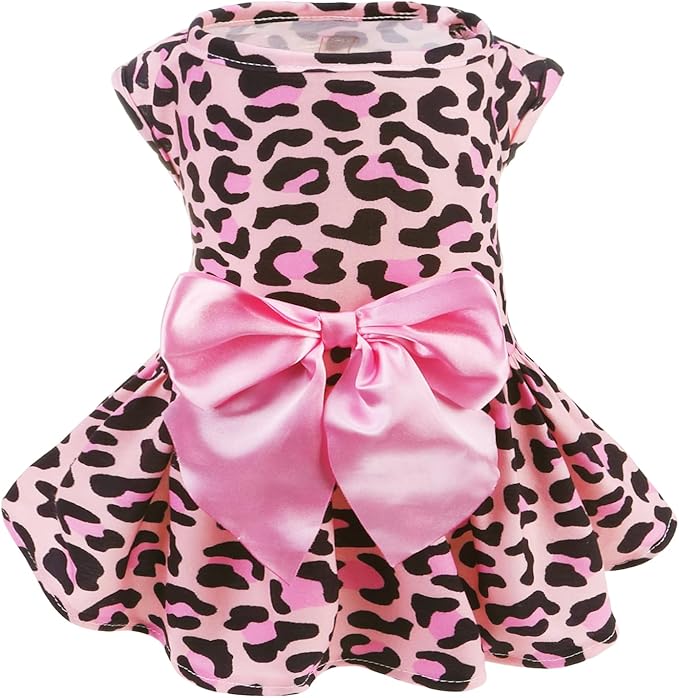PUPTECK Fashionable Dog Dress with Bow Puppy Clothes, Pink Leopard Print S | Breathable Puppy Doggie Pet Clothes Outfits Apparel Costume for Party Holiday Photoshoot for Small Medium Large Dogs Girl