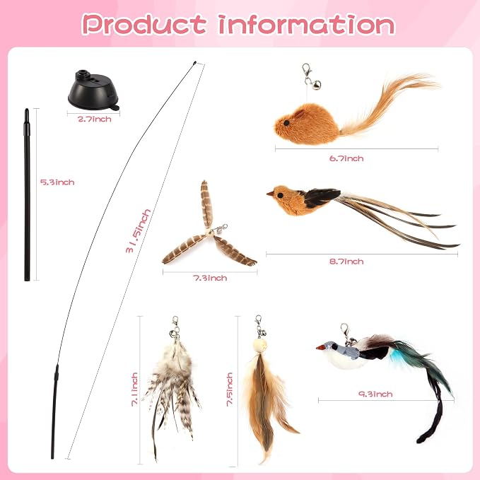 Interactive Bird Simulation Cat Toy Set | Cat Wand Toys,Includes 2 Self-Holding Suction Cup Bases and 6 Detachable Replacement Feather Toys