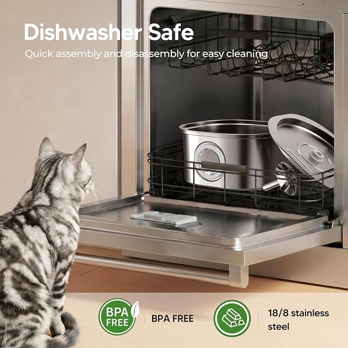 PEKTACO Cat Water Fountain, 3.2L Stainless Steel Pet Fountain, 6 Filters | 108oz capacity, LED water level window, ultra-quiet pump, dishwasher-safe tray, BPA-free, for cats and small dogs