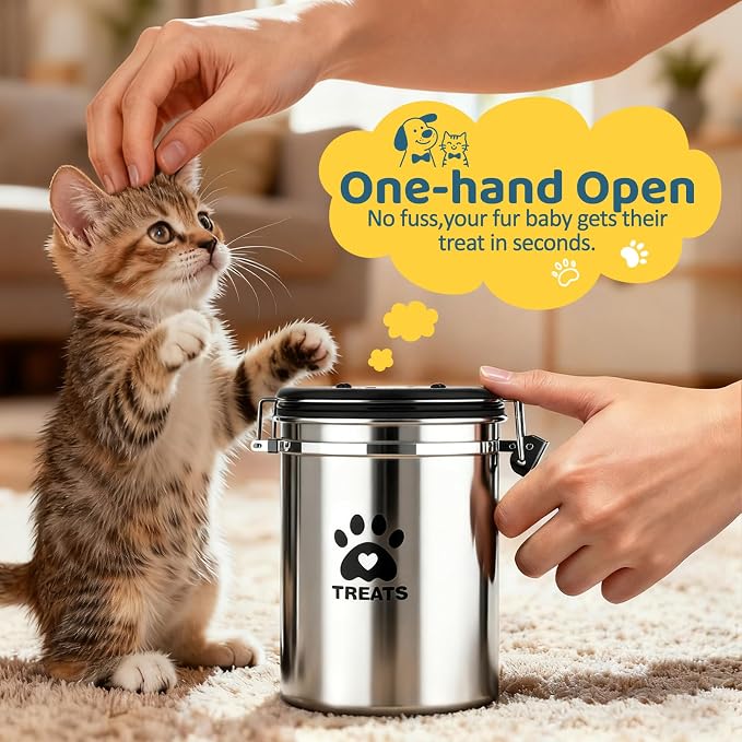 ENONCI Airtight Dog Treat Canister, 304 Stainless Steel Food Storage Jar with Date Dial Silver-1.8L