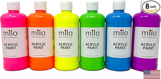milo Fluorescent Acrylic Paint Set of 6 Colors | 16 oz Bottles | Student Neon Colors Acrylics Painting Pack | Glows UV in Black Light | Non-Toxic Art & Craft Paints for Artists & Hobby Painters | Made in USA