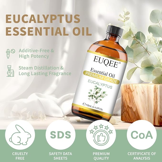 EUQEE Eucalyptus Essential Oil 118ml Pure Eucalyptus Oil with Glass Dropper for Aromatherapy, Diffuser, Soap & Candle Making - 4Fl.Oz