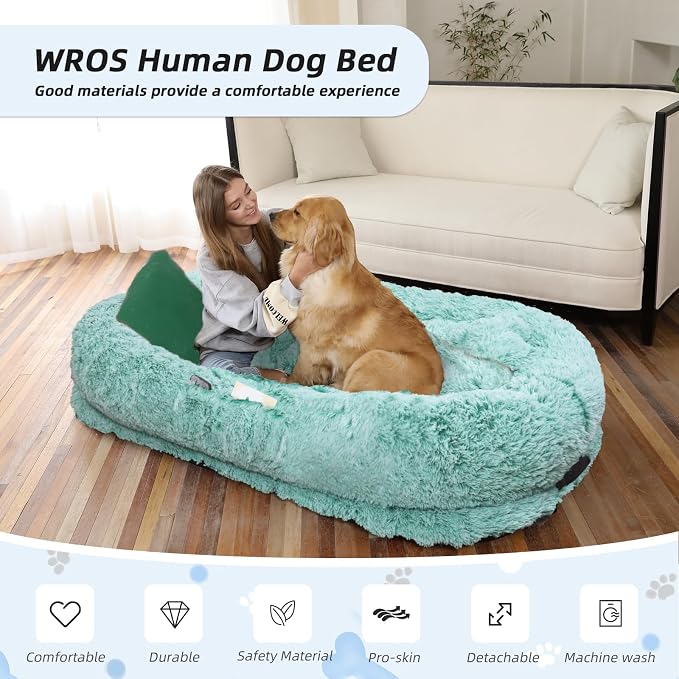 WROS Human Dog Bed for Adult, 71"x45"x12" Calming Nest Beds, GreenWhite | Washable Soft Faux Fur Cover, Orthopedic Foam Support, Non-slip Bottom, Includes Blanket, Strap & Pillow
