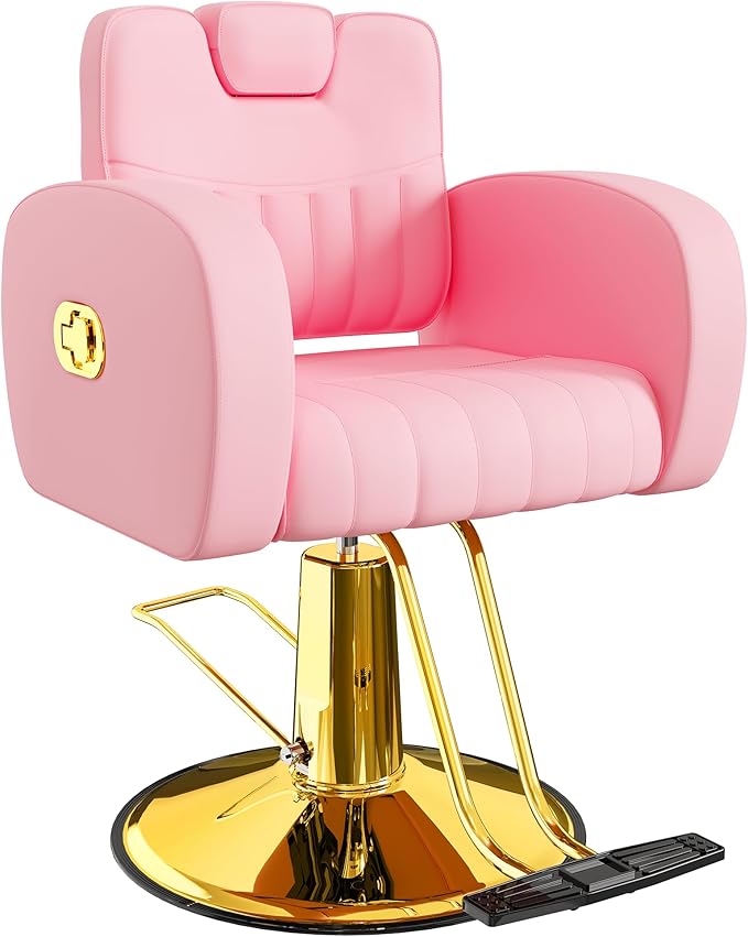 Baasha Ergonomic Black and Pink Salon Chair with Comfortable Thickened Cushions, Heavy Duty Reclining Stylist Chair for Hair braiding, Extensions, Tattooing, Weight Capacity 440 lbs