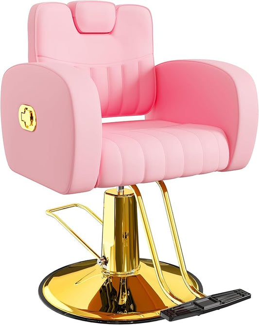 Baasha Ergonomic Black and Pink Salon Chair with Comfortable Thickened Cushions, Heavy Duty Reclining Stylist Chair for Hair braiding, Extensions, Tattooing, Weight Capacity 440 lbs
