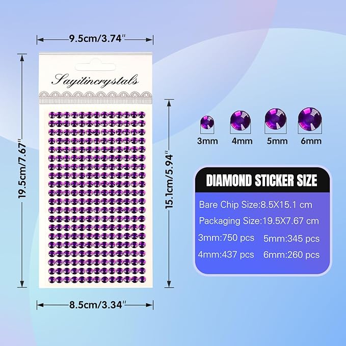 8 Sheets Rhinestone Stickers，3584 Pcs Gem Stickers for DIY Face Eyes Makeup Hair（Deep Purple-3/4/5/6mm）