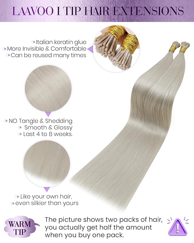 LaaVoo I Tip Hair Extensions Human Hair Platinum Blonde Itip Human Hair Extensions Blonde Cold Fusion Long Straight 50g/50s 24 inch