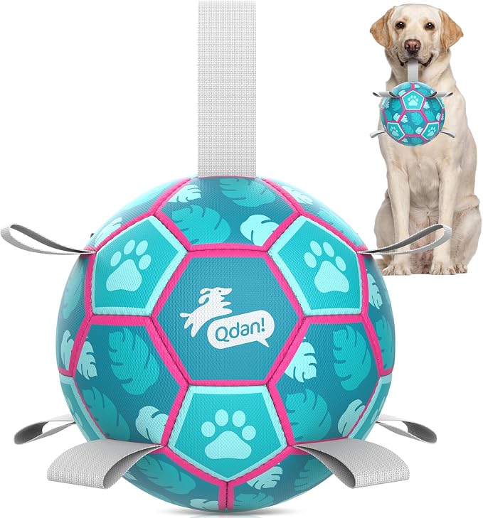QDAN Dog Toys Soccer Ball with Straps, Pool Dog Water Toy, Outside Ball