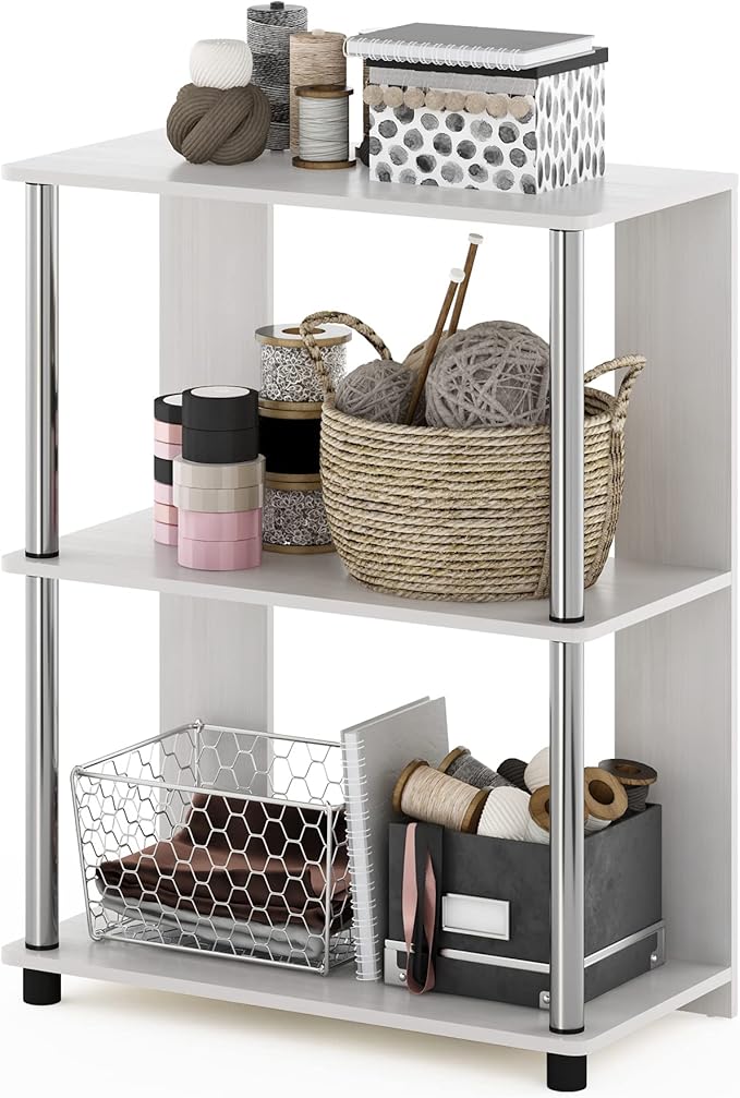 Furinno Jaya Simple Design 3-Tier Bookcase / Bookshelf / Display Rack with Stainless Steel Tubes, White Oak | 11.6 x 23.6 x 30, Storage Shelves, Shelving Unit, for Organization and Storage, Living Room, Garage, Home Office
