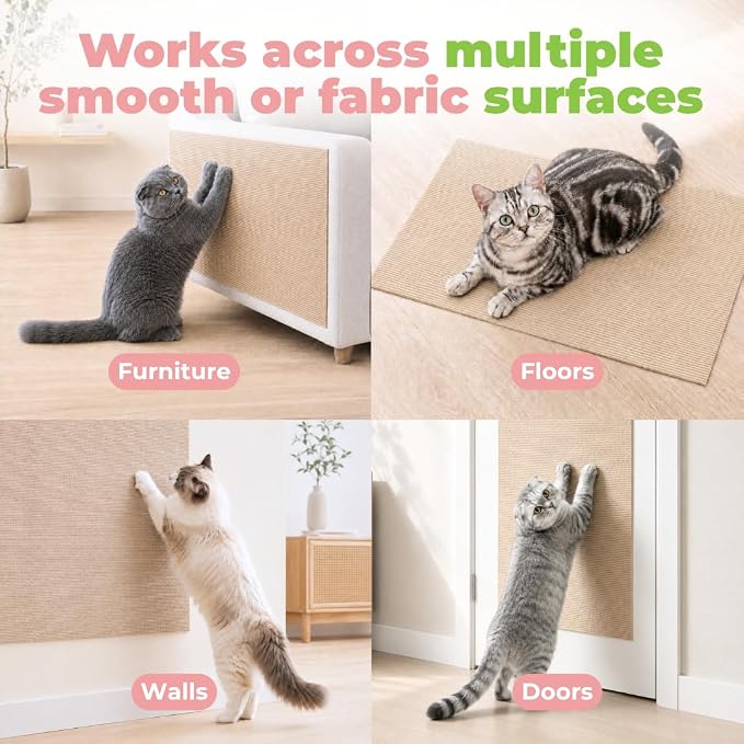 Catify Peel & Stick Cat Scratching Mat - Beige, L:39" | 39" x 15", Self-Adhesive Scratch Carpet, Furniture Protector for Couch, Sofa, Wall & Door, Indoor Kittens & Cats