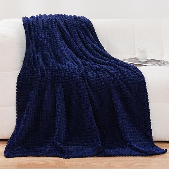 Puncuntex Fleece Throw Blanket Navy Blue 50"×60" with Square Grid Design | Super Soft Plush Cozy Flannel Throw Blanket Luxury for Couch Sofa Chair