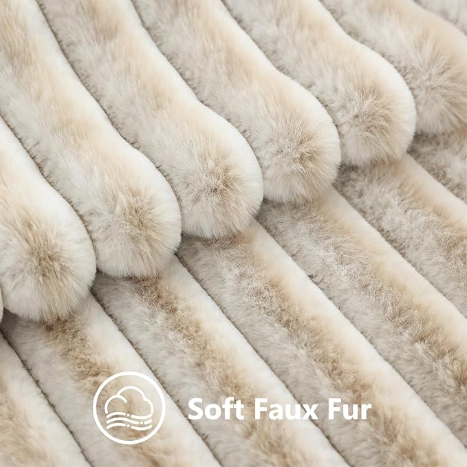 decorUhome Fall Faux Fur Throw Pillow Covers 22x22 Set of 2 Beige White | Decorative Soft Cozy Striped Plush Modern Farmhouse Boho Couch Pillow Cases Velvet Back for Sofa Bed Living Room Home Decor