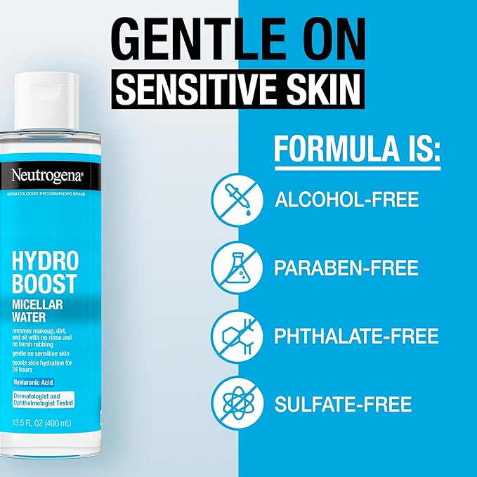 Neutrogena Hydro Boost Micellar Water with Hyaluronic Acid,Micellar Cleansing Water for Sensitive Skin,Removes Makeup,Dirt & Oil,Alcohol-Free,13.5 fl oz,(Pack of 2)