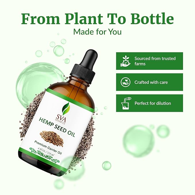 SVA ORGANICS Hemp Seed Oil Cold Pressed 4oz (118 ml) Premium Carrier Oil With Dropper For Skin Care, Hair Care, Scalp Massage, Body Massage, Hair Products, Cosmetics & Soap