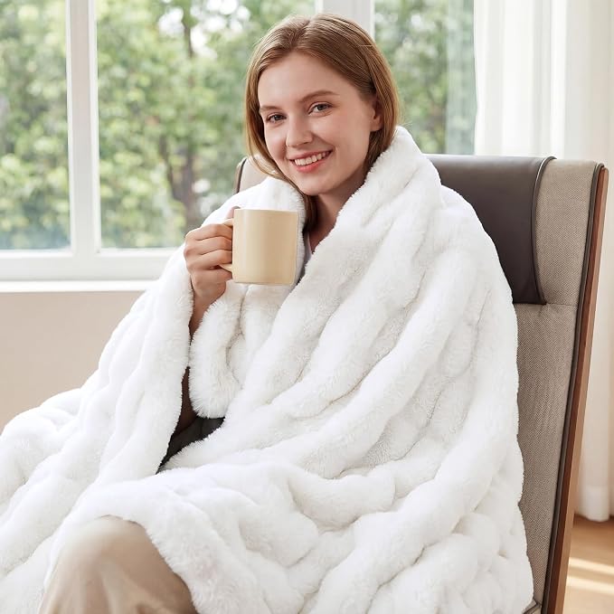 ORINOVA White Faux Rabbit Fuzzy Fur Queen Throw Fluffy Blanket 90x90 Soft Furry Blanket Queen Size for Bed Couch Cozy Bedroom Decor 1000 GSM