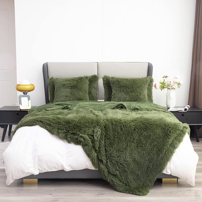 YUSOKI Long Faux Fur Queen Size Blanket, Olive Green, 90" x 90" | Ultra Soft, Lightweight for All Season Use, stays fluffy after repeated washes, Perfect Gifts, Machine Washable